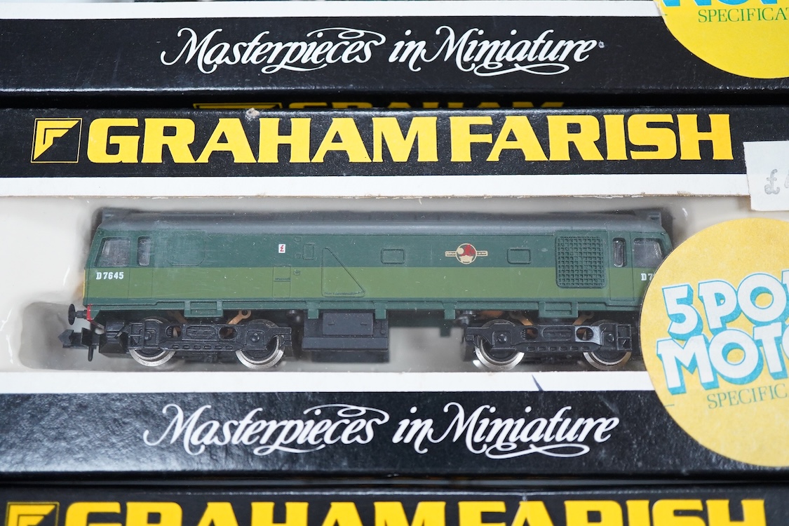 Four boxed Graham Farish N gauge railway diesel locomotives; a BR class 20, 20 215 (8208), a BR class 20, D8144 (8204) (front detached), a BR class 25, D7645, (8304) and a BR class 31, 31 552 (806A).
